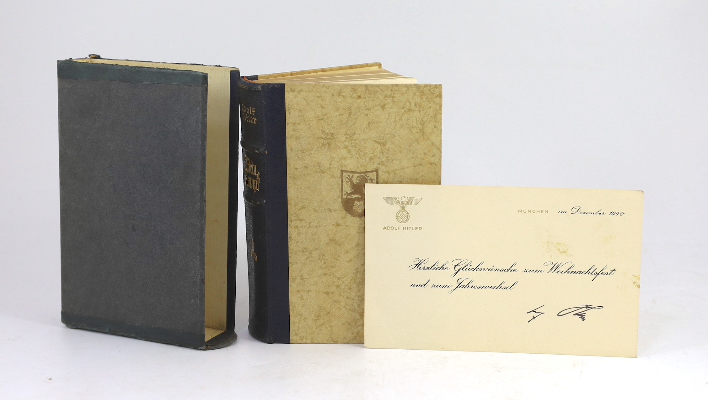 Hitler, Adolf - Mein Kampf, wedding edition, given to a married couple in the Third Reich, 8vo, leather back paper boards, Munich, 1940, in slip case , together with a card, in German, ‘’Congratulations on Christmas and